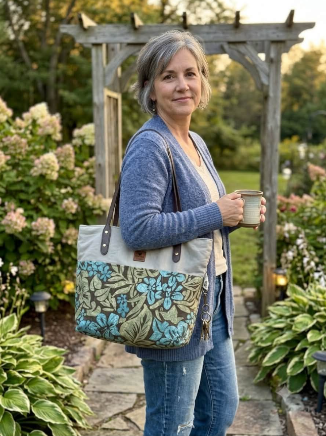 Ann with a handmade tote in her garden